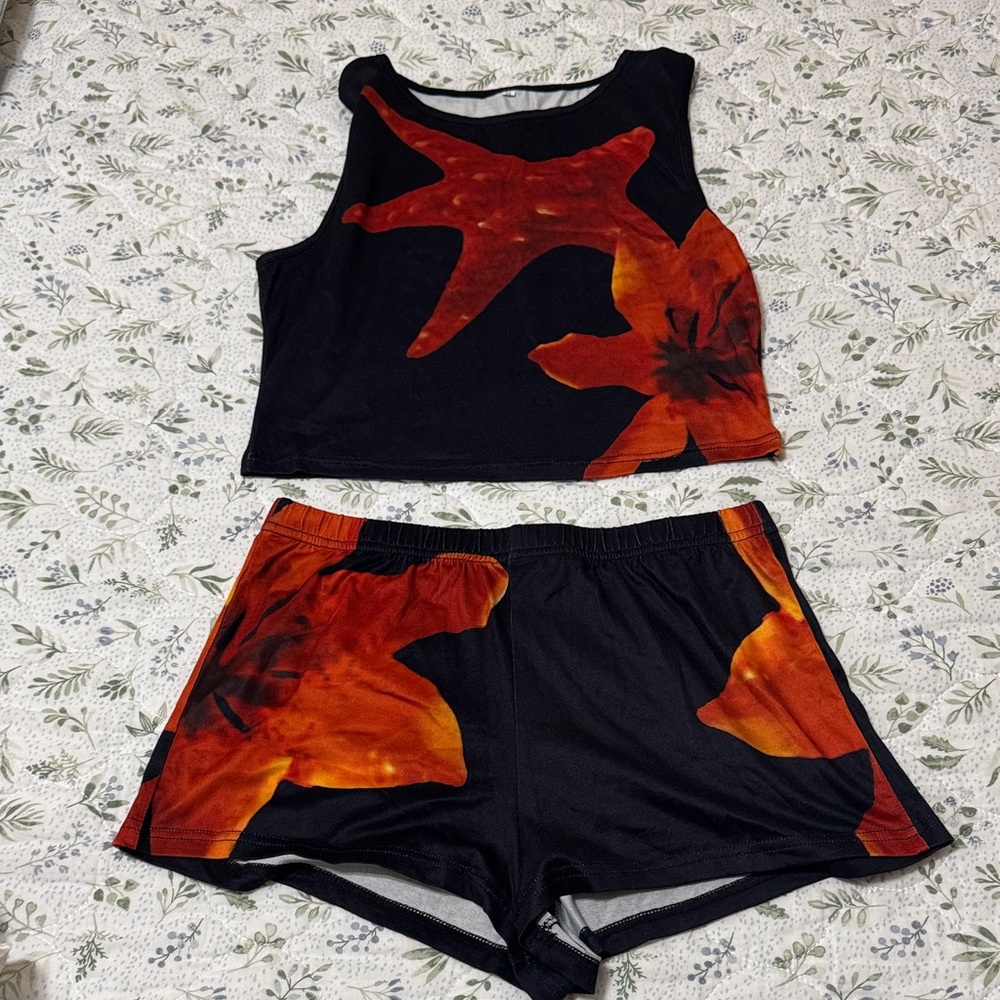 Women's Black & Orange Floral Lounge Set